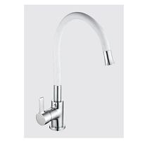 T9113B. Кухонный смеситель с гибким белым изливом на гайке, хром, нержавейка