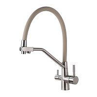 T603S-6. Кухонный  смеситель с бежевым гибким изливом и фильтром, хром, нержавейка